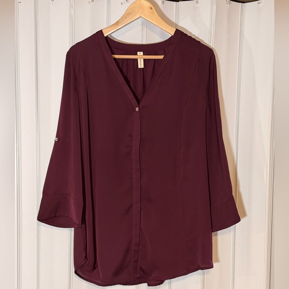 Women's V-Neck Button Front Blouse - Burgundy